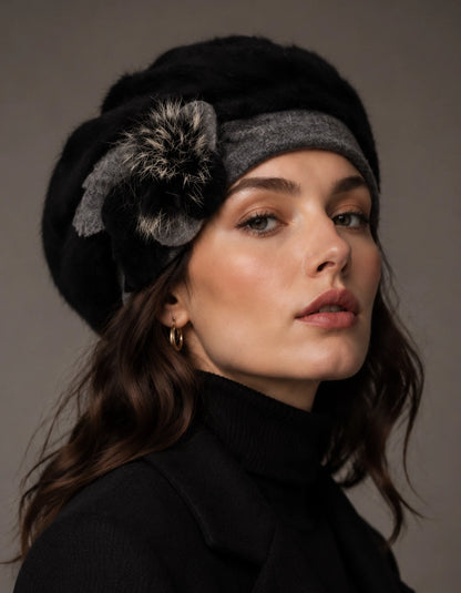 Black and grey angora wool beret with flower accent for elegant winter styling