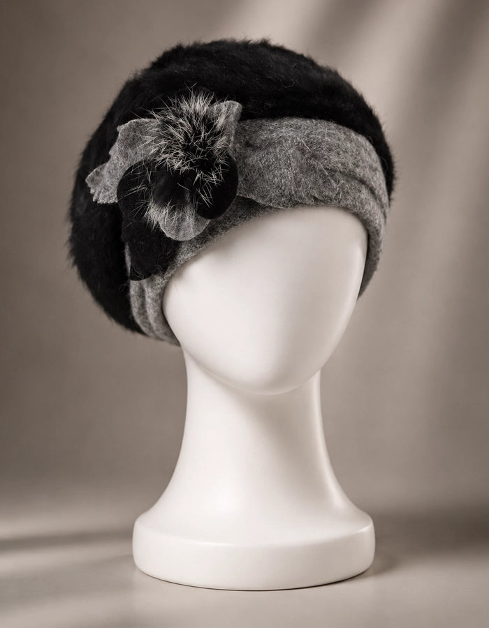 Black and grey angora wool beret hat with flower accent for elegant winter wear