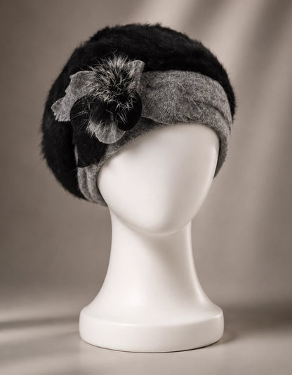 Black and grey angora wool beret hat with flower accent for elegant winter wear