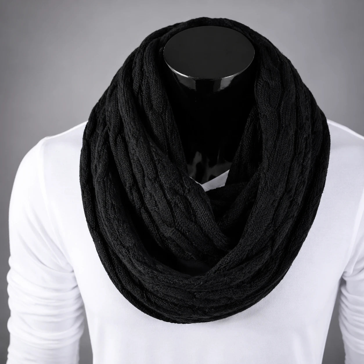 Black knit infinity scarf for men and women, soft warm winter loop scarf, cozy unisex fashion accessory for cold weather and everyday wear