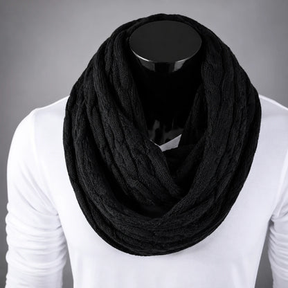 Black knit infinity scarf for men and women, soft warm winter loop scarf, cozy unisex fashion accessory for cold weather and everyday wear