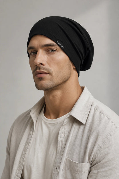 Man wearing a black lightweight slouchy beanie with a clean front fit and relaxed back drape