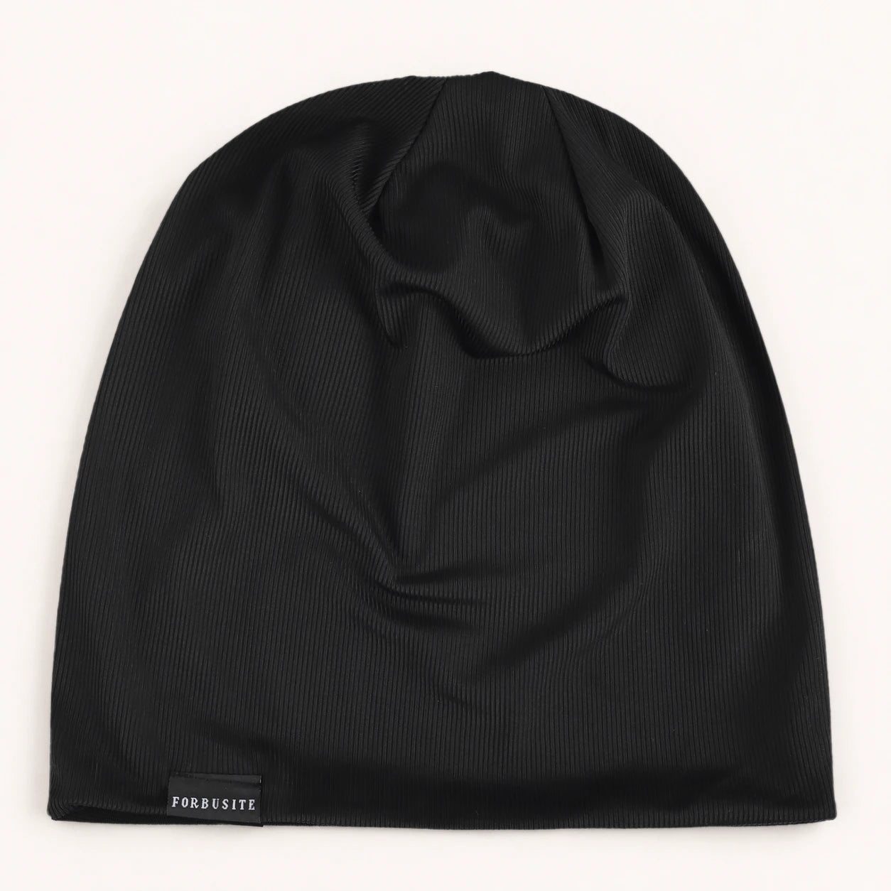 Black FORBUSITE lightweight slouchy beanie with fine ribbed texture and relaxed long crown