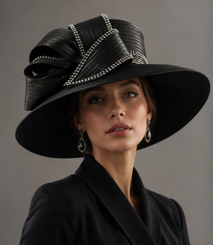 Woman wearing black luxury church hat with wide brim for elegant Sunday outfit