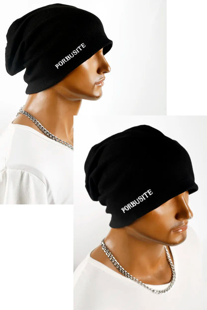 Oversized black baggy beanie cap for street style, lightweight cotton slouch hat for all season wear