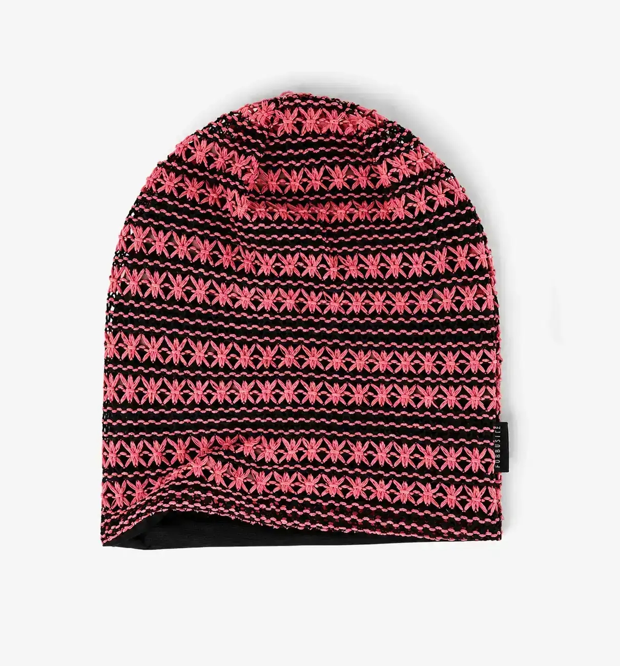 Black and pink slouchy beanie hat for women with floral crochet knit texture and lightweight soft fit