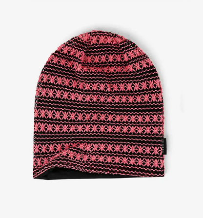 Black and pink slouchy beanie hat for women with floral crochet knit texture and lightweight soft fit