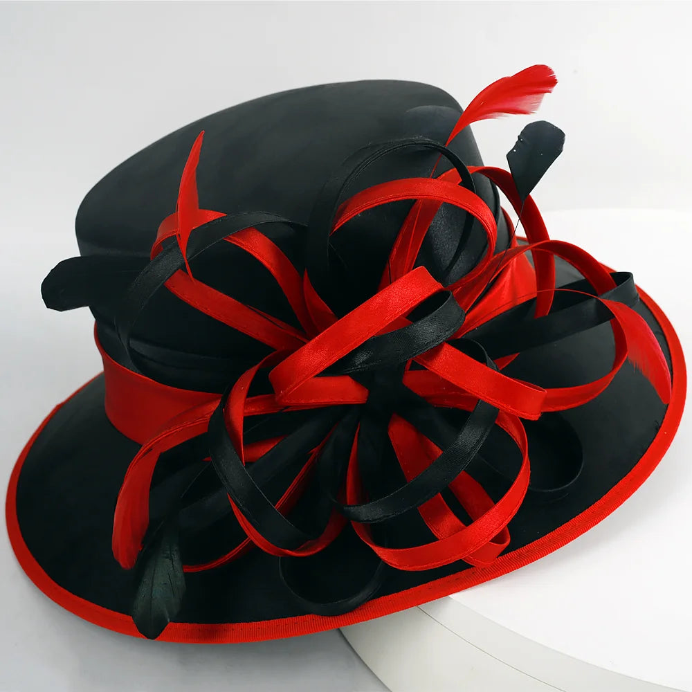Black and Red Church Hat with Feather and Ribbon Decoration - FORBUSITE