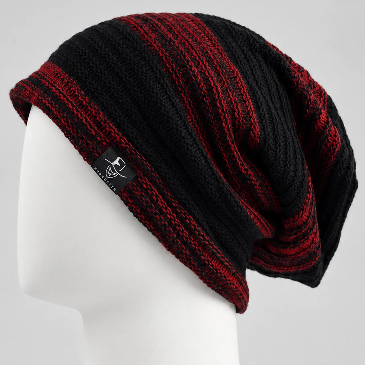 Black and red striped knit slouchy beanie with an oversized relaxed crown