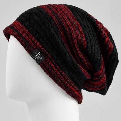 Black and red striped knit slouchy beanie with an oversized relaxed crown