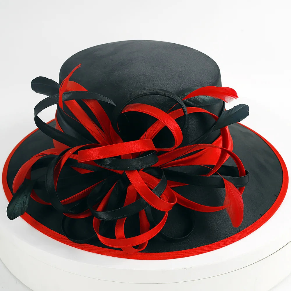 Elegant Black and Red Wide Brim Church Hat Front View - FORBUSITE