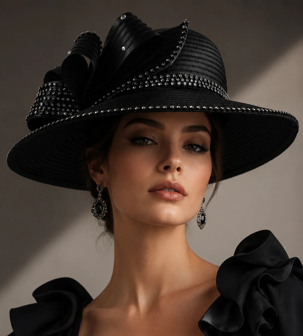 Elegant black rhinestone church hat for women with wide brim, luxury Sunday church hat styled with formal dress
