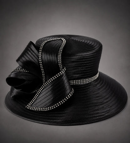 Black rhinestone church hat with pleated ribbon bow and wide brim close up