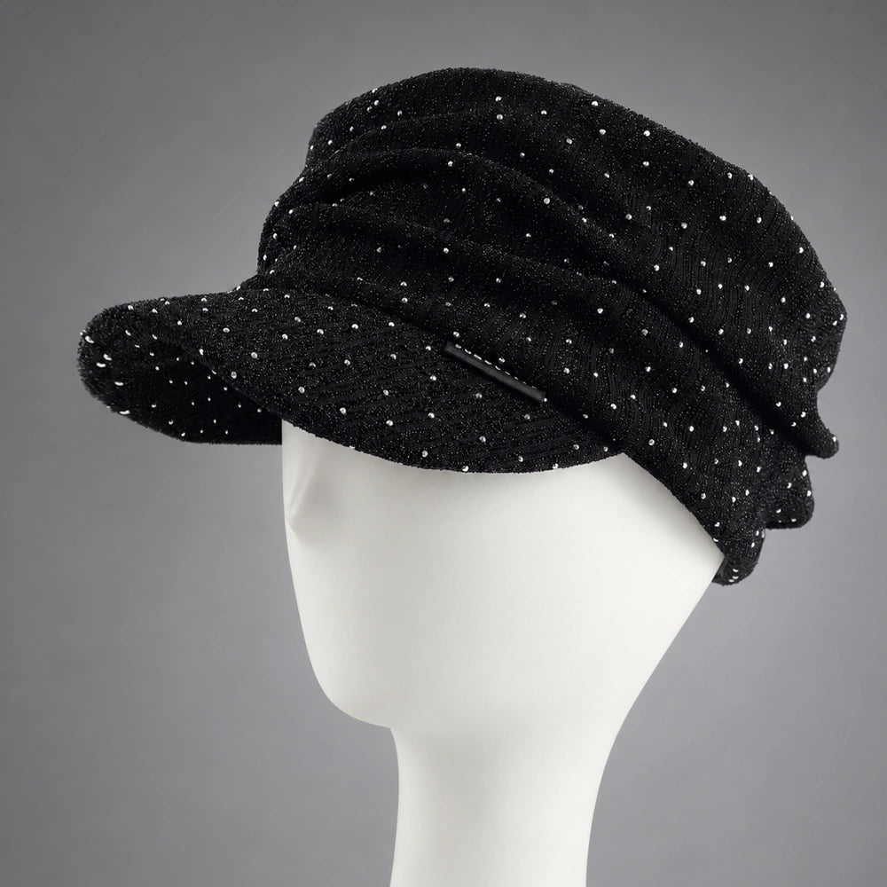 Black women’s ruched visor cap with glued rhinestone detail and short front visor