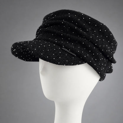 Black women’s ruched visor cap with glued rhinestone detail and short front visor
