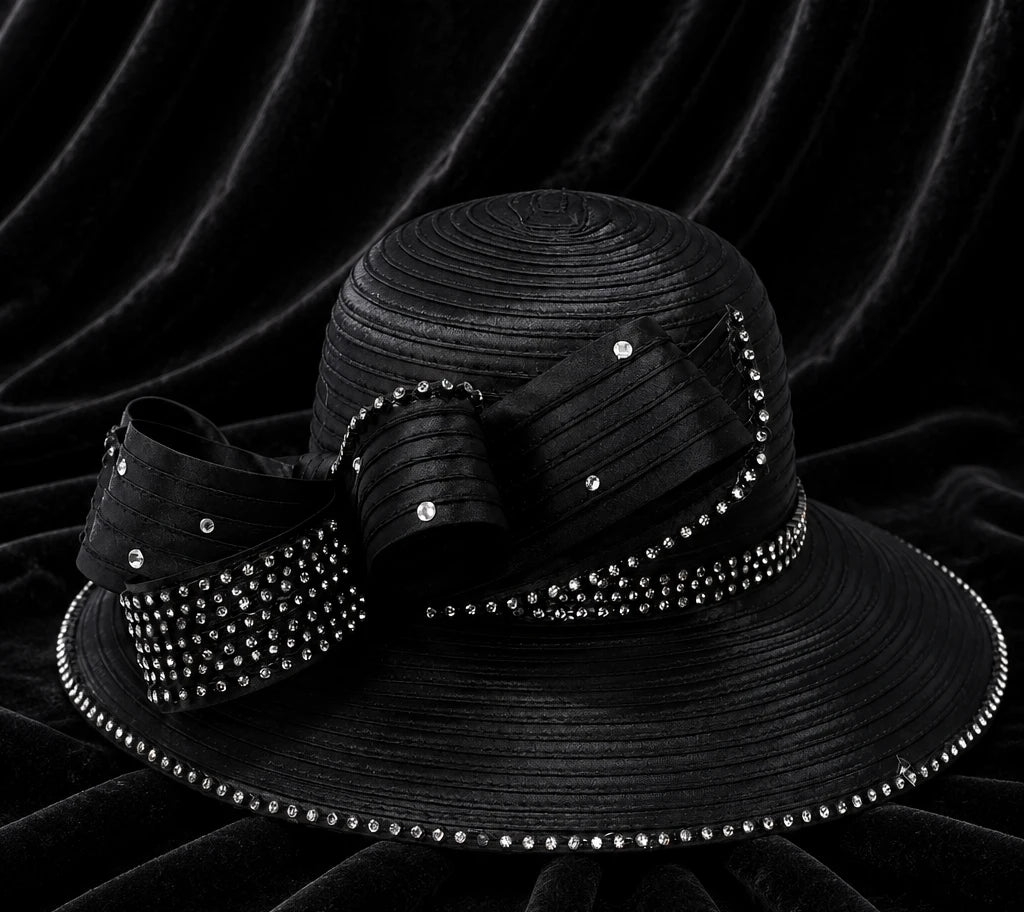 Black rhinestone Sunday church hat displayed on velvet background with elegant decorative bow details