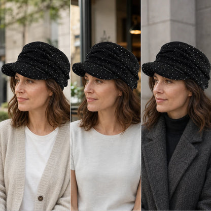 Three styling views of a black ruched visor cap for year-round wear