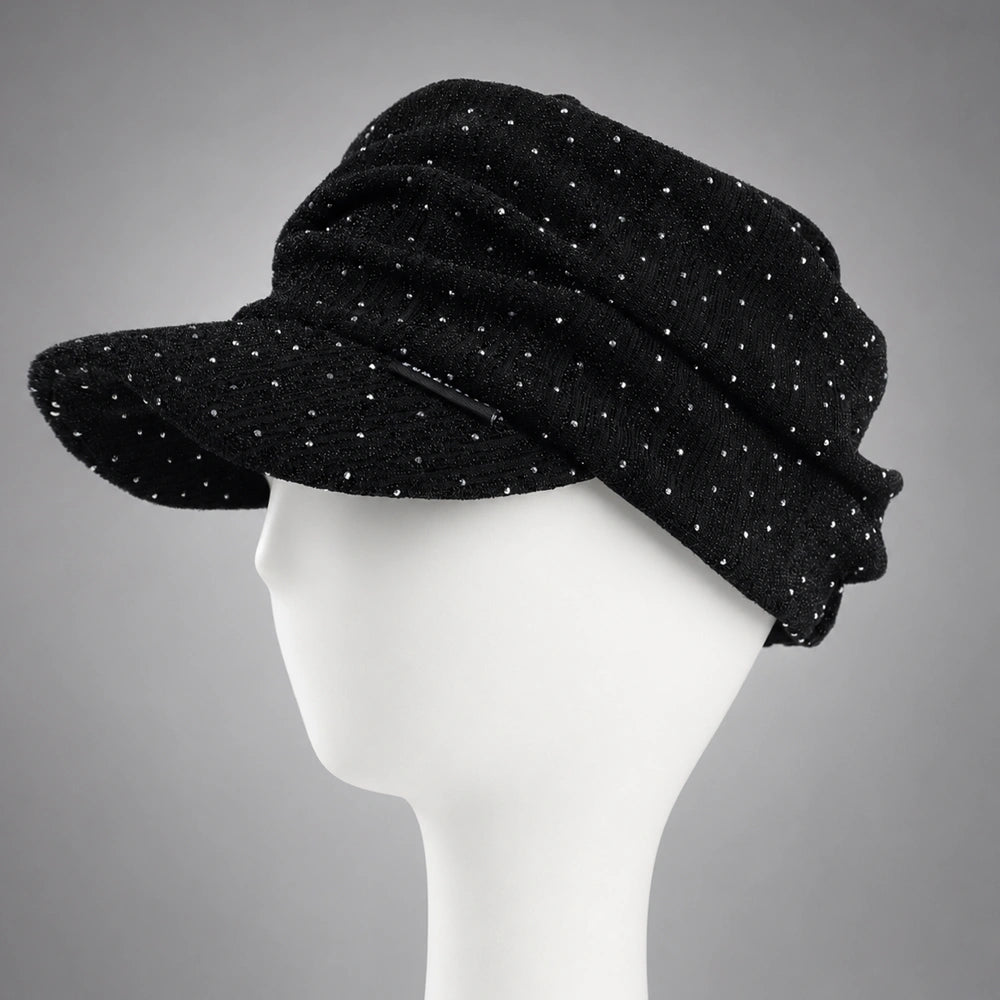 Side view of black women’s ruched visor cap with soft crown and short visor