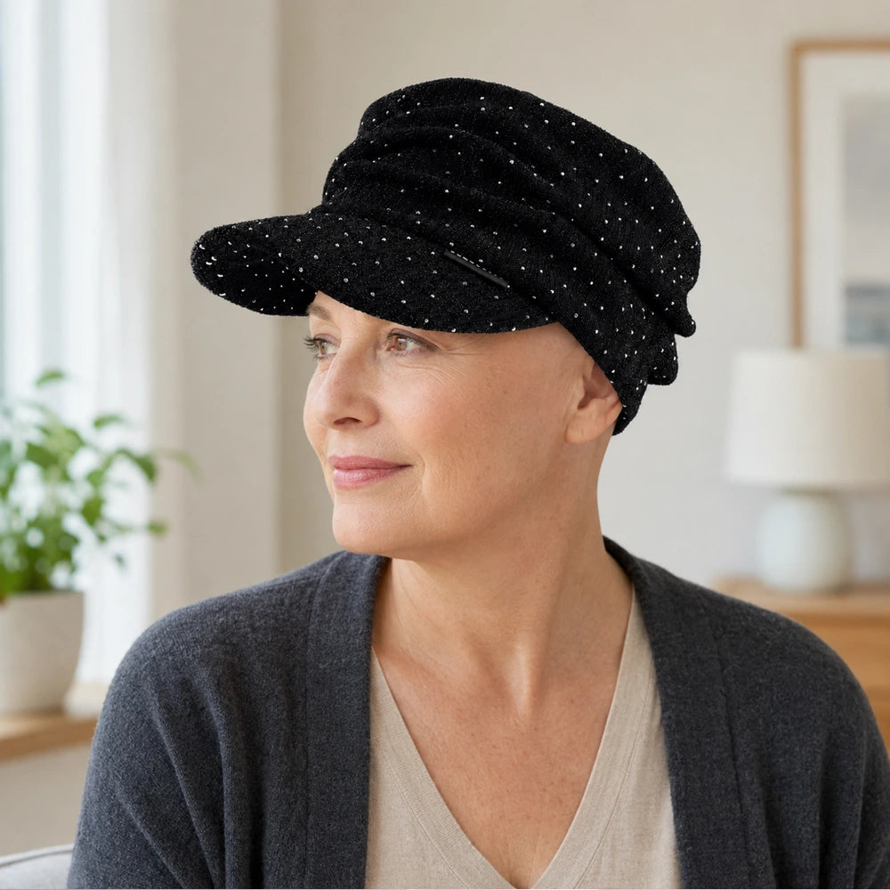 Woman wearing a black satin-lined ruched visor cap during hair loss