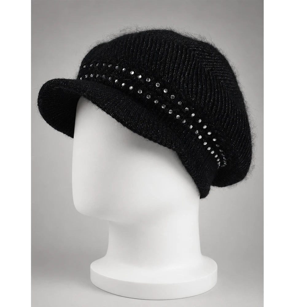 Black women’s knit visor beanie with sequin detail on a white mannequin