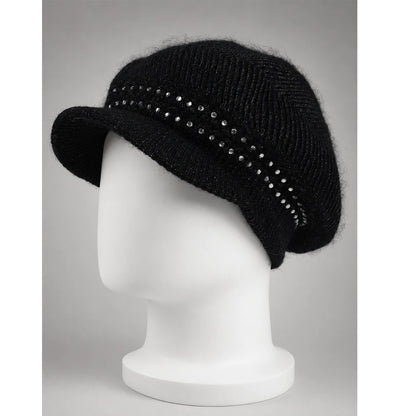 Black women’s knit visor beanie with sequin detail on a white mannequin