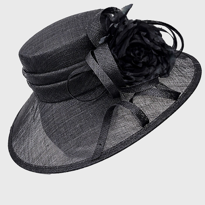 Elegant black sinamay hat with intricate rose floral design, perfect for weddings, church services, and formal events.