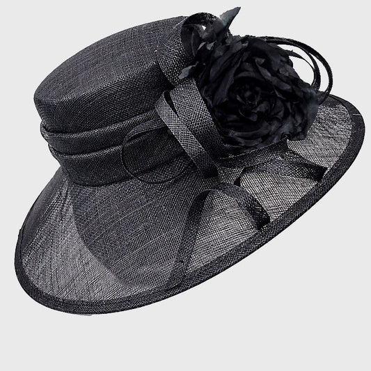 Elegant black sinamay hat with intricate rose floral design, perfect for weddings, church services, and formal events.