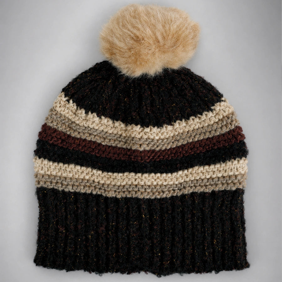 Black striped pom pom beanie flat lay with contrasting stripe bands