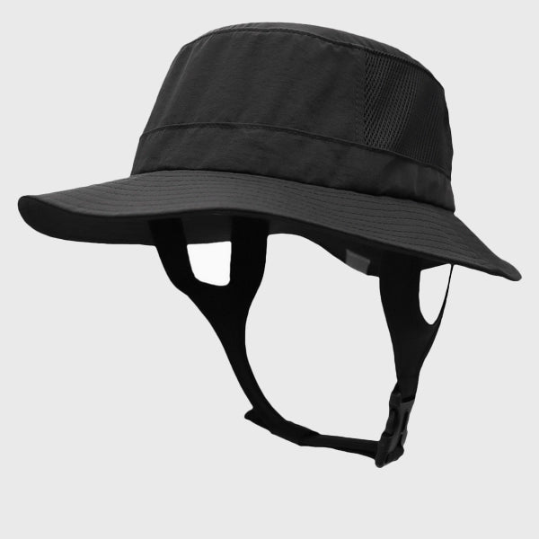 Black surf bucket hat with UPF 50+ UV protection, designed for water sports and outdoor activities. Adjustable fit, perfect for sunny days at the beach.