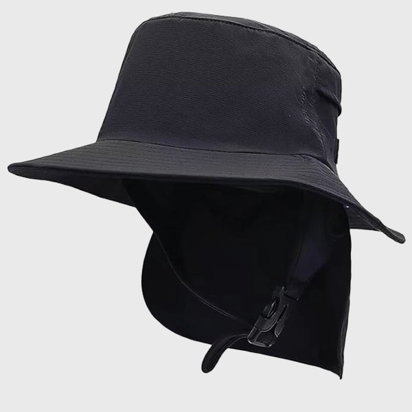 Black bucket hat with UPF 50+ UV protection, perfect for fishing, hiking, and outdoor water sports. Features a secure adjustable chin strap for comfort.