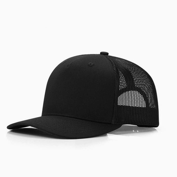 Classic black trucker cap with mesh back and adjustable snapback, perfect for daily wear.