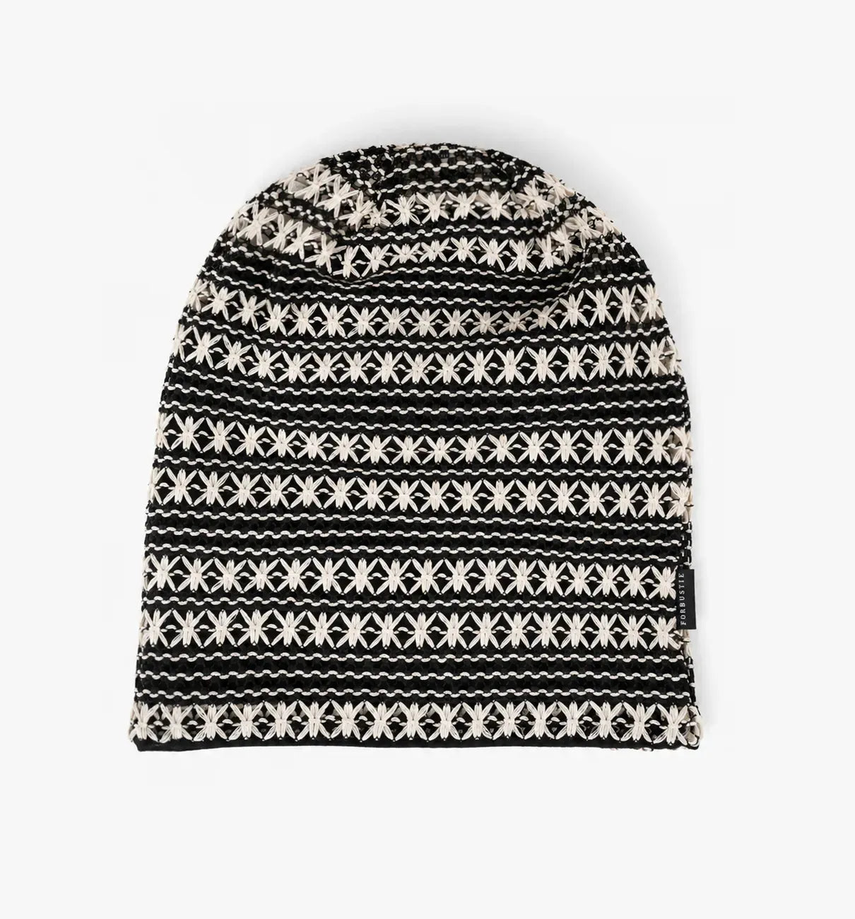 Black and white boho slouchy beanie cap with breathable crochet knit texture for women