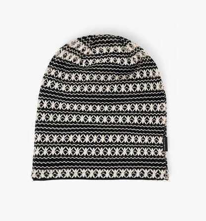 Black and white boho slouchy beanie cap with breathable crochet knit texture for women