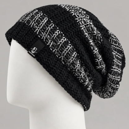 Black and white striped knit slouchy beanie with a relaxed long fit