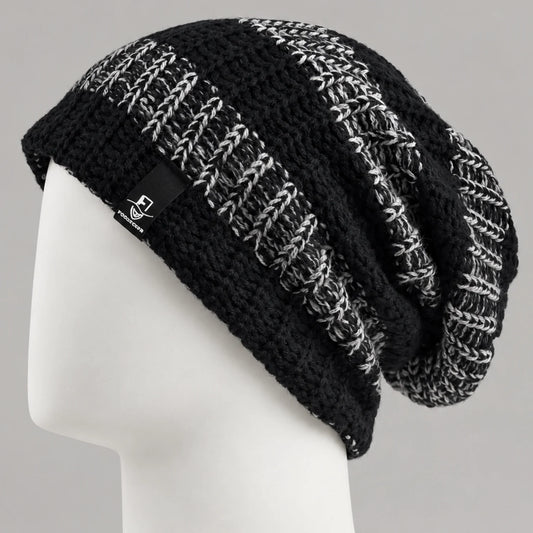Black and white striped knit slouchy beanie with a relaxed long fit
