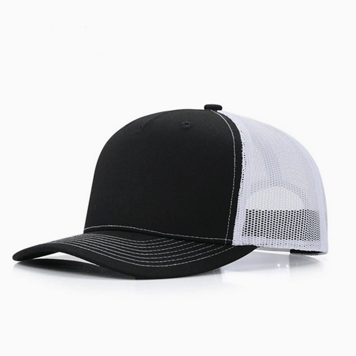 Black and white trucker cap with mesh back, a versatile option for all-day wear.