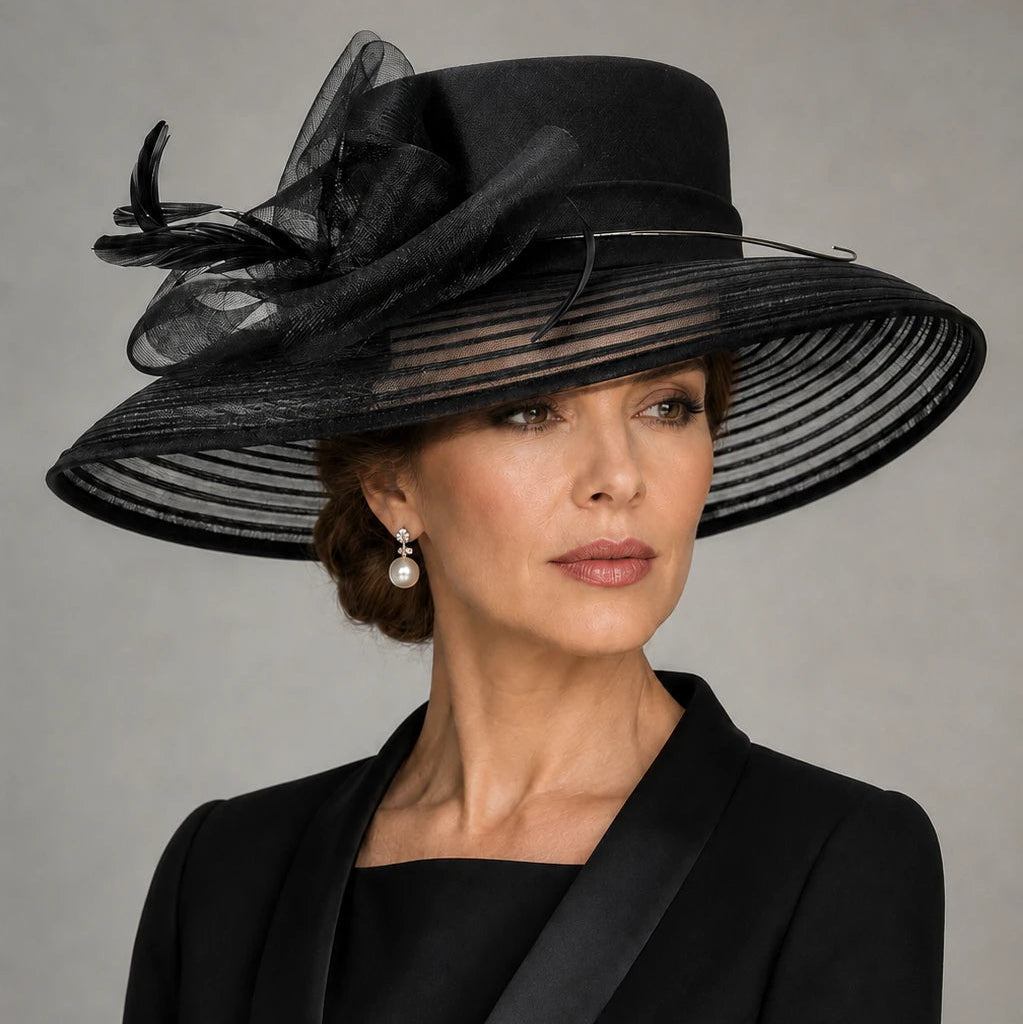 Black wide brim church hat with sheer mesh brim for formal women church outfit