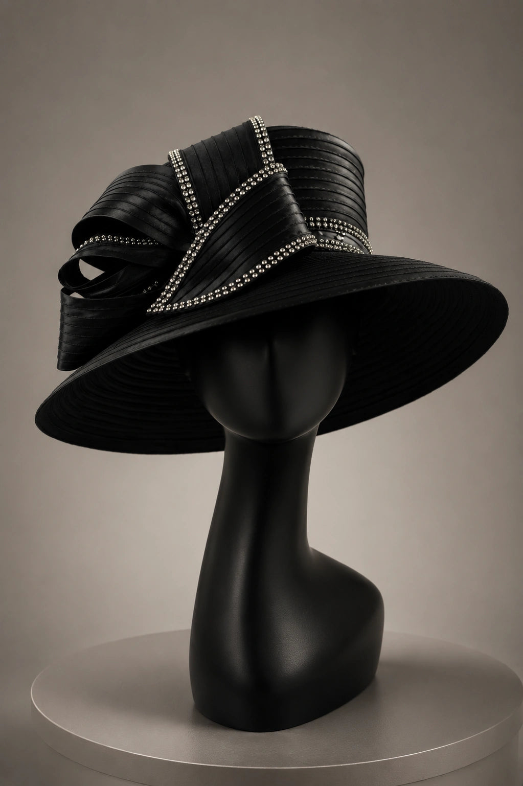 Black wide brim church hat with rhinestone bow for formal church event