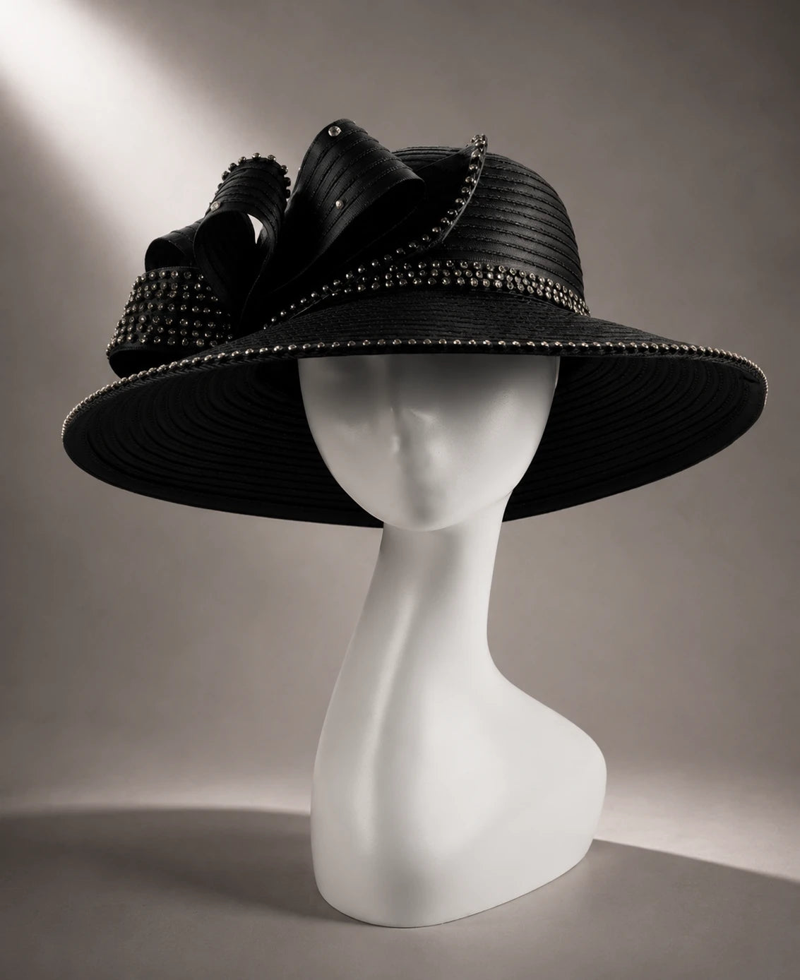 Black wide brim church hat with rhinestone trim and decorative bow, elegant formal hat for church and special occasions