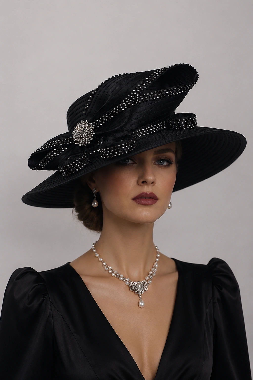 Black wide brim Sunday hat worn by elegant woman with pearl jewelry and sophisticated church fashion styling