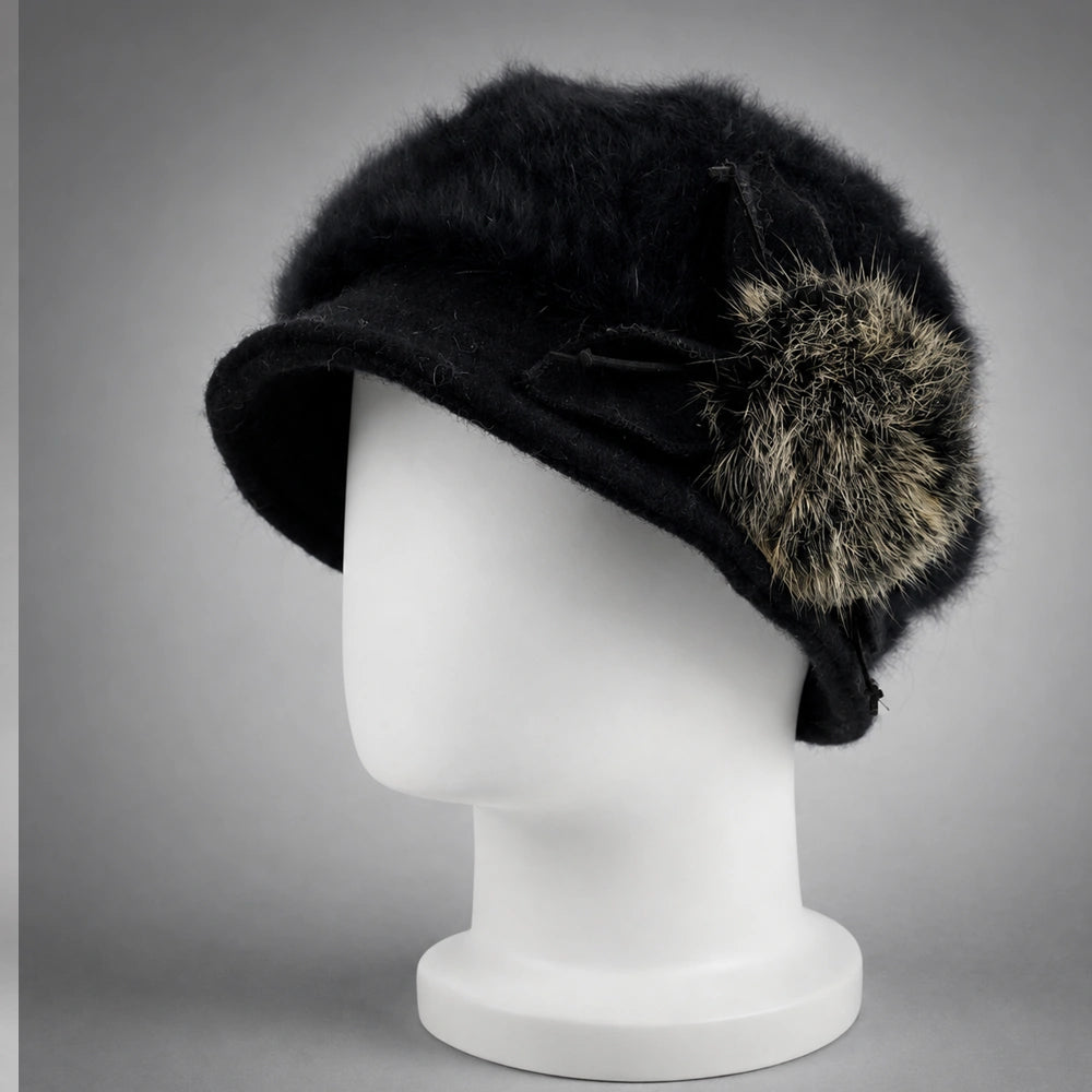 Black women’s Angora cloche hat with contrasting genuine rabbit-fur pom