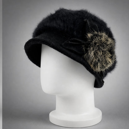 Black women’s Angora cloche hat with contrasting genuine rabbit-fur pom