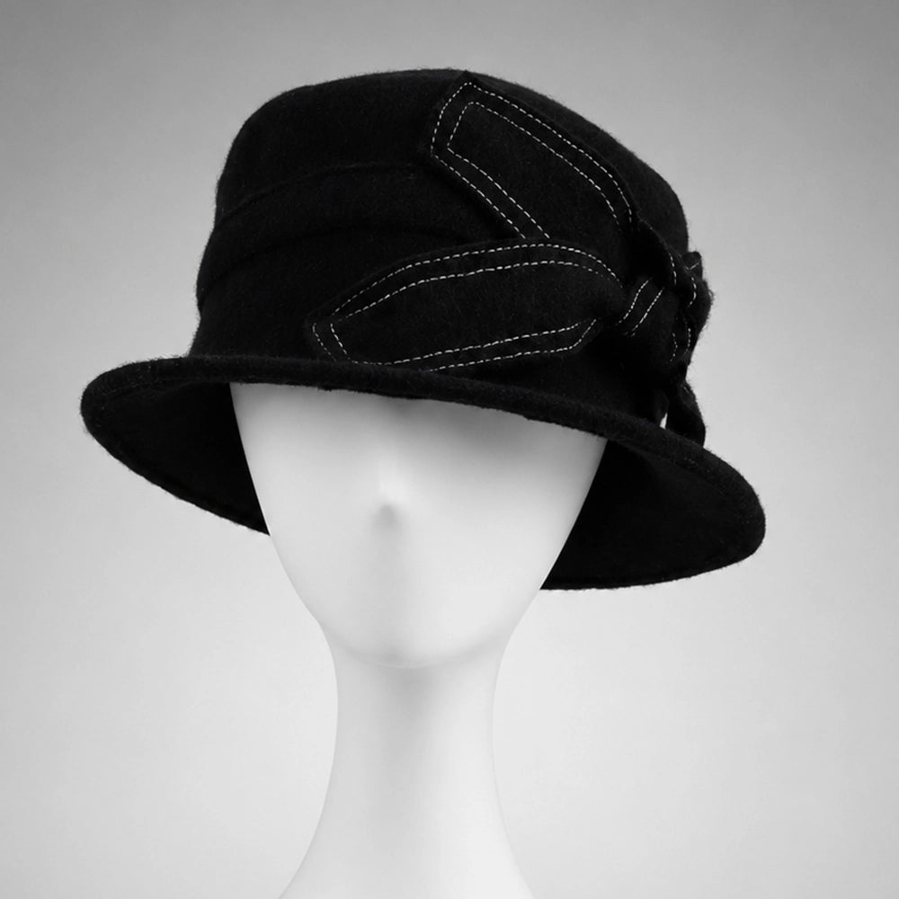Black women’s wool felt cloche hat with short brim and side bow