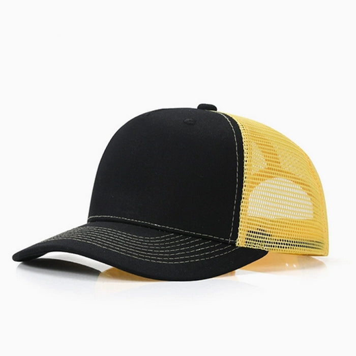 Bold black and yellow trucker cap with mesh back for sporty and street-style looks.