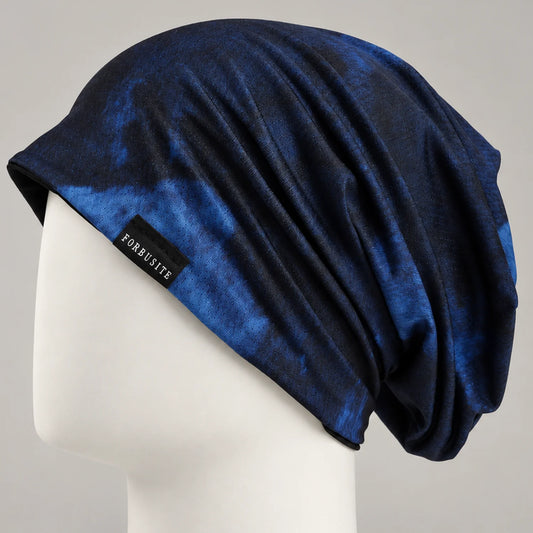 Blue and black lightweight slouchy beanie with a soft relaxed drape