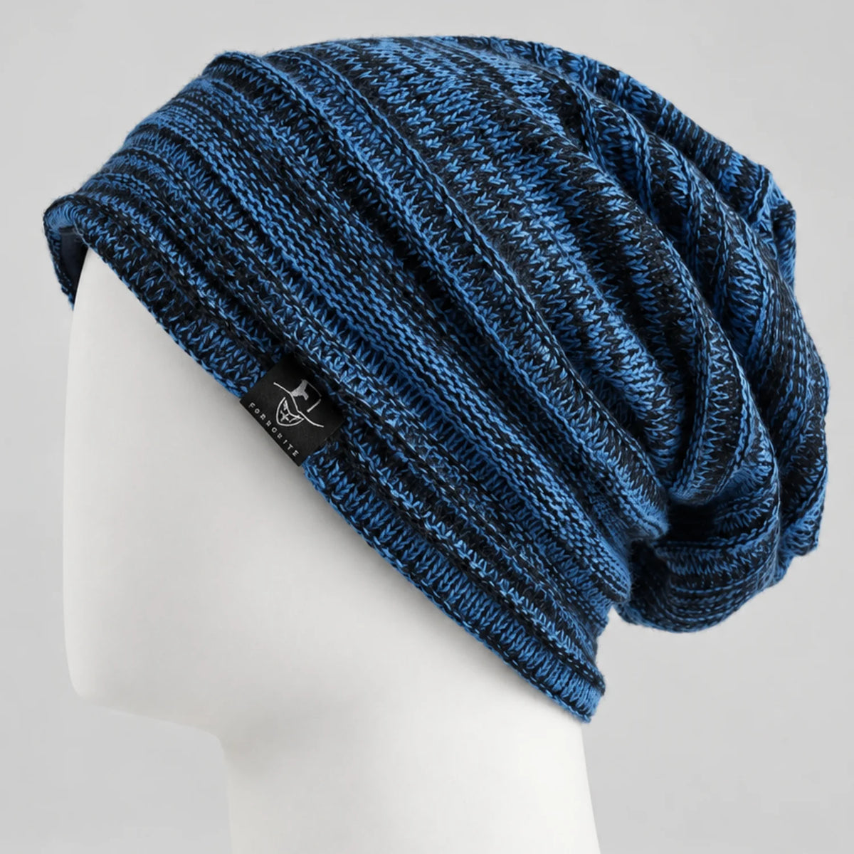 Blue and black slouchy knit beanie with a relaxed oversized fit