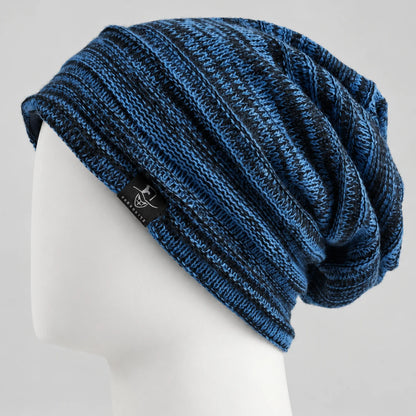 Blue and black slouchy knit beanie with a relaxed oversized fit