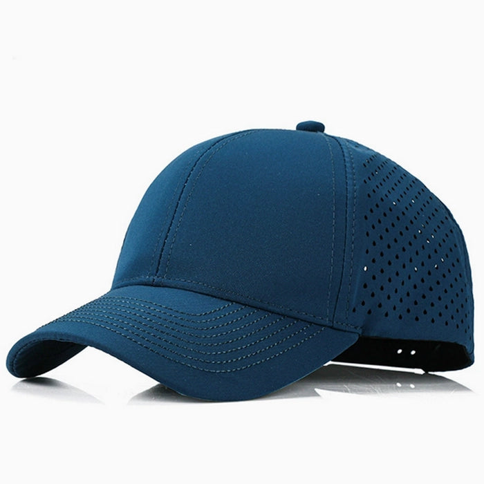Blue quick-dry casual baseball hat, designed with perforated side panels for ventilation, ideal for warm days and sports events.