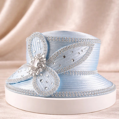 Blue church hat with beaded crystal design, designed for stylish formal occasions, by FORBUSITE