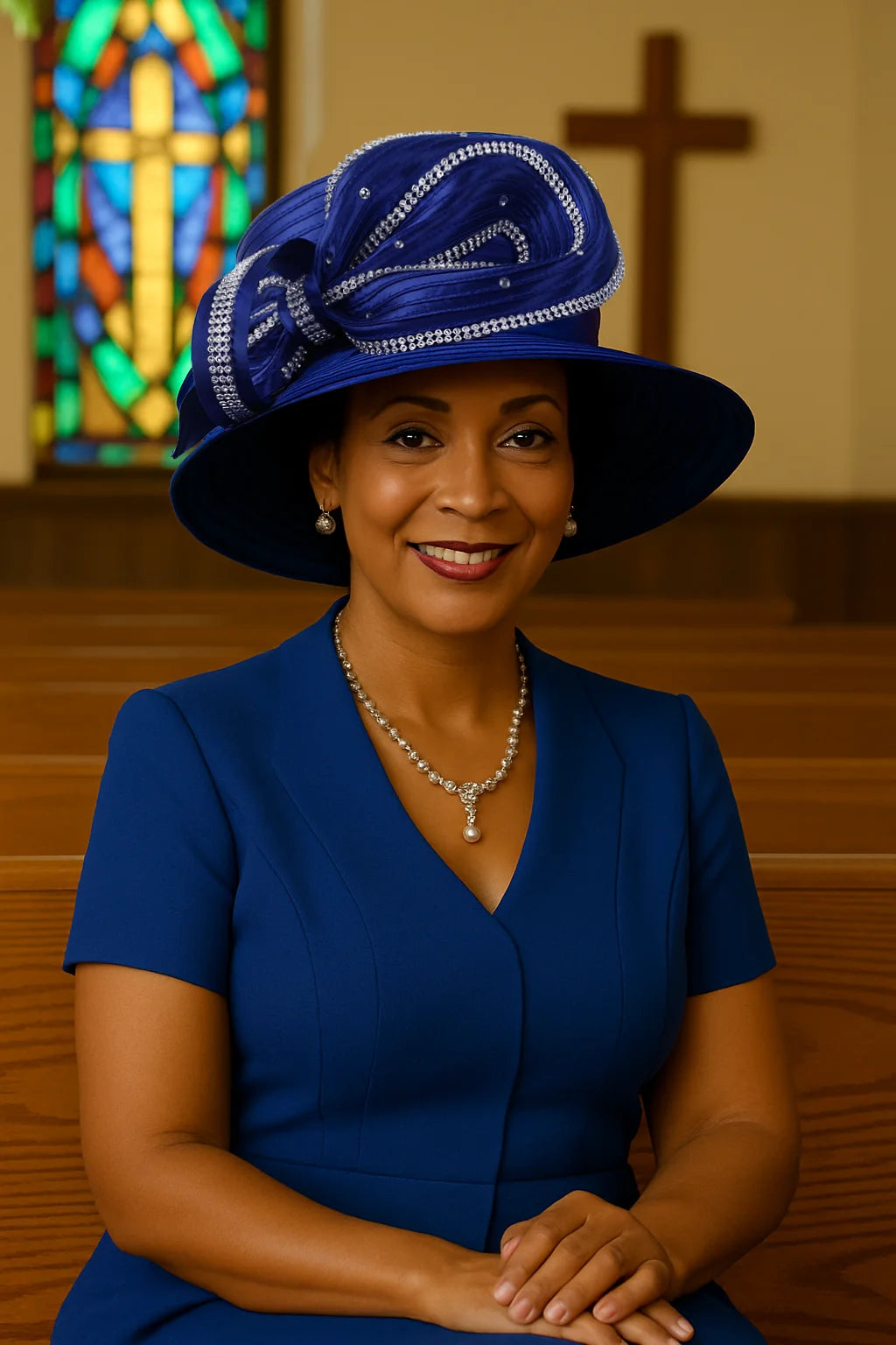 African-American woman over 30 wearing a royal blue rhinestone-trimmed wide brim church hat with pearl earrings and necklace, seated gracefully in a classic indoor setting.
